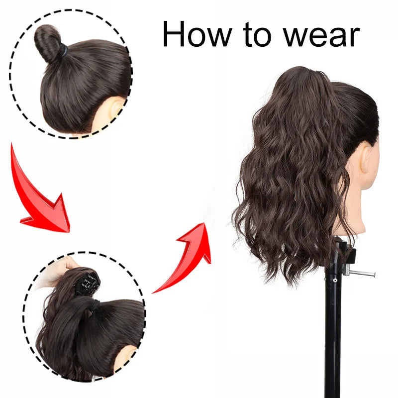 Extension capillaire synthétique courte ondulée de 35 cm, queue de cheval blonde et brune, à clipser, pour femme