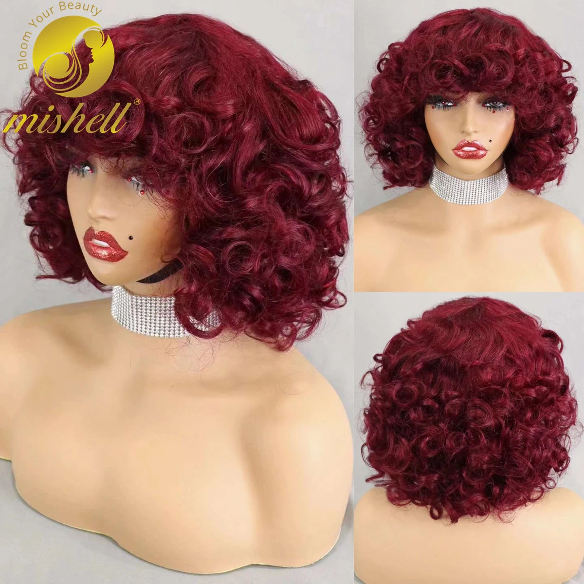 Perruques de cheveux humains bouclés et rebondissants bordeaux 99J #, densité 200 %, avec frange, courtes, bouclées et lâches, fabriquées à la machine, pré-épilées pour femmes