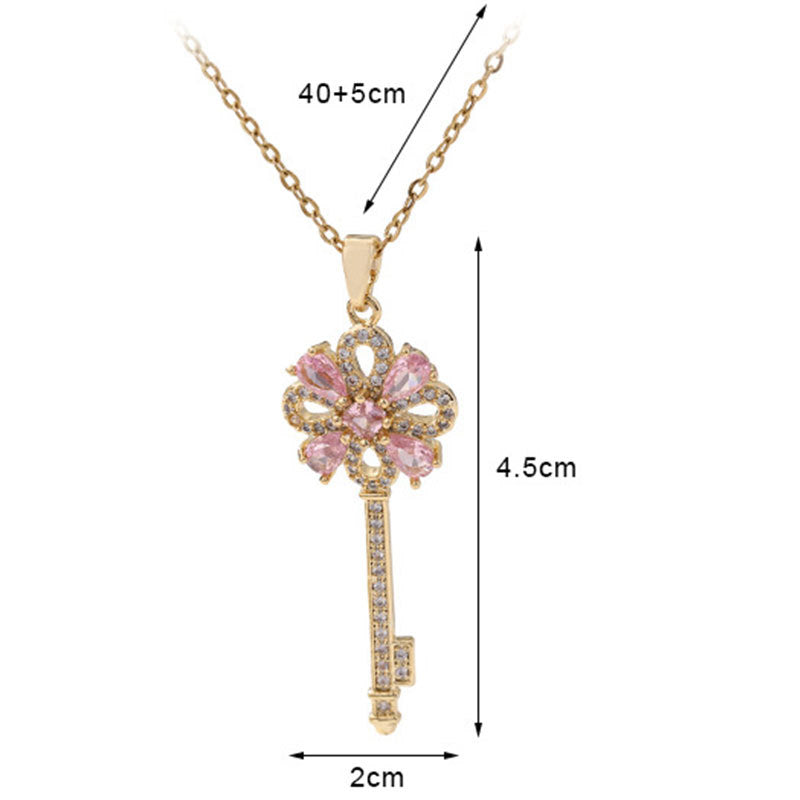 Collier rétro créatif pour femme avec clé et fleur