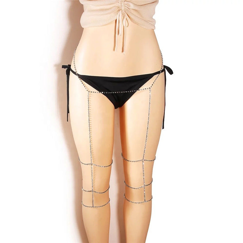 Chaîne de taille multicouche en strass, chaîne de jambe, corde élastique, belle chaîne de corps de jambe