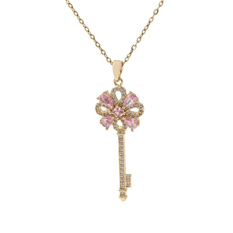 Collier rétro créatif pour femme avec clé et fleur
