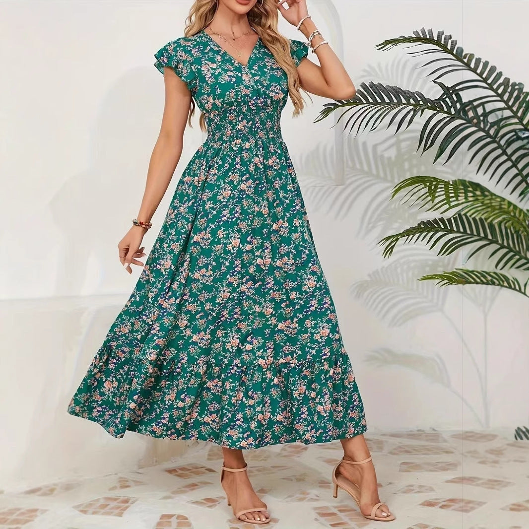 Robe trapèze à manches longues et motif floral tendance